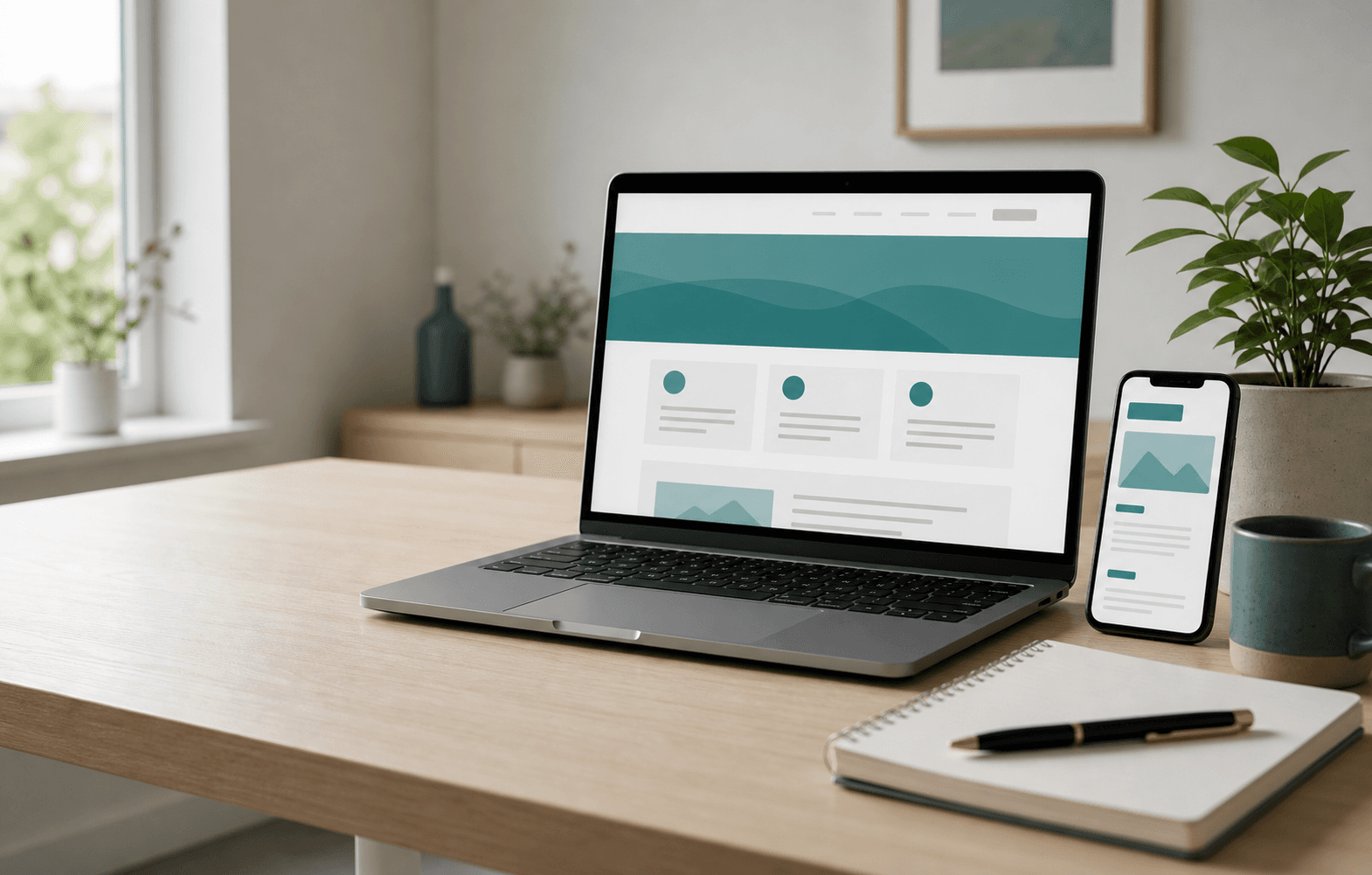 Poste de travail avec ordinateur et téléphone illustrant les services numériques